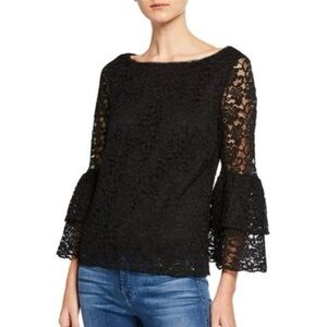 Laundry by Shelli Segal Black Lace Ruffle Balloon Sleeve Blouse, Size Large